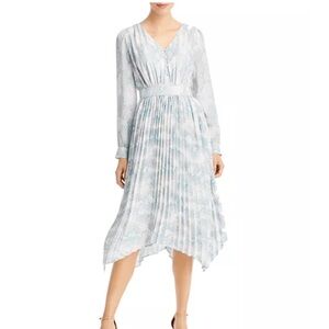 T Tahari Long Sleeve V Neck Pleated Midi Dress